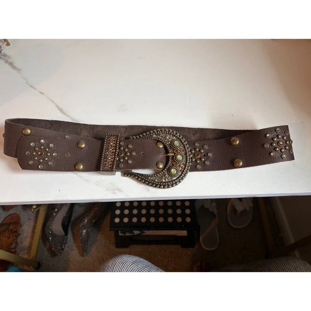 Vintage LEATHERROCK USA Brown Leather Western Rhinestone Belt Boho 41